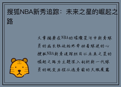 搜狐NBA新秀追踪：未来之星的崛起之路