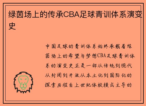 绿茵场上的传承CBA足球青训体系演变史