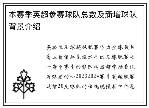 本赛季英超参赛球队总数及新增球队背景介绍