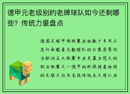德甲元老级别的老牌球队如今还剩哪些？传统力量盘点